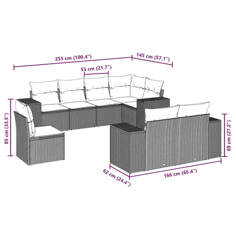 Salon de jardin 8 pcs avec coussins noir résine tressée - 3