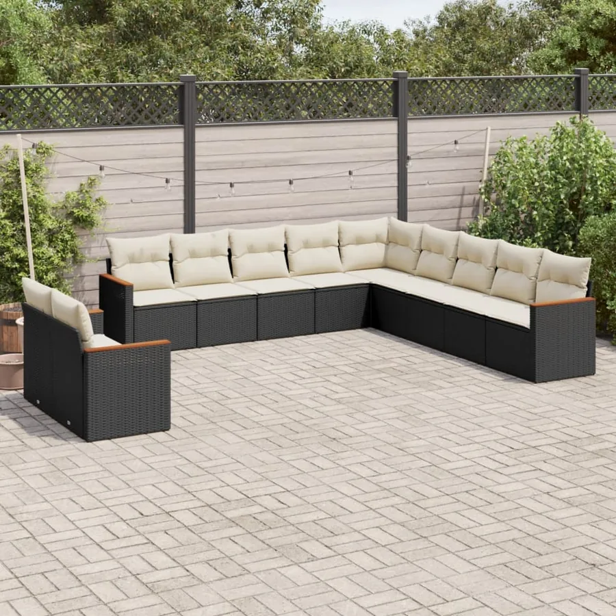 Salon de jardin 11 pcs avec coussins noir résine tressée
