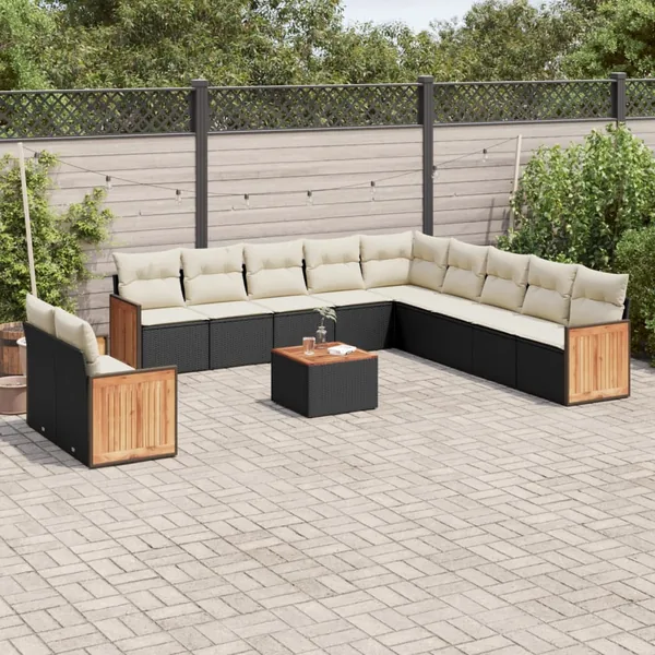 Salon de jardin 12 pcs avec coussins noir résine tressée