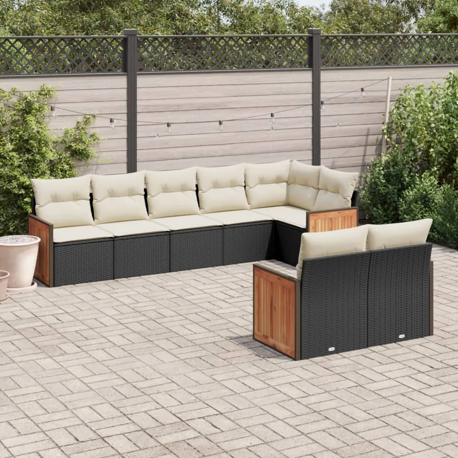 Salon de jardin 8 pcs avec coussins noir résine tressée