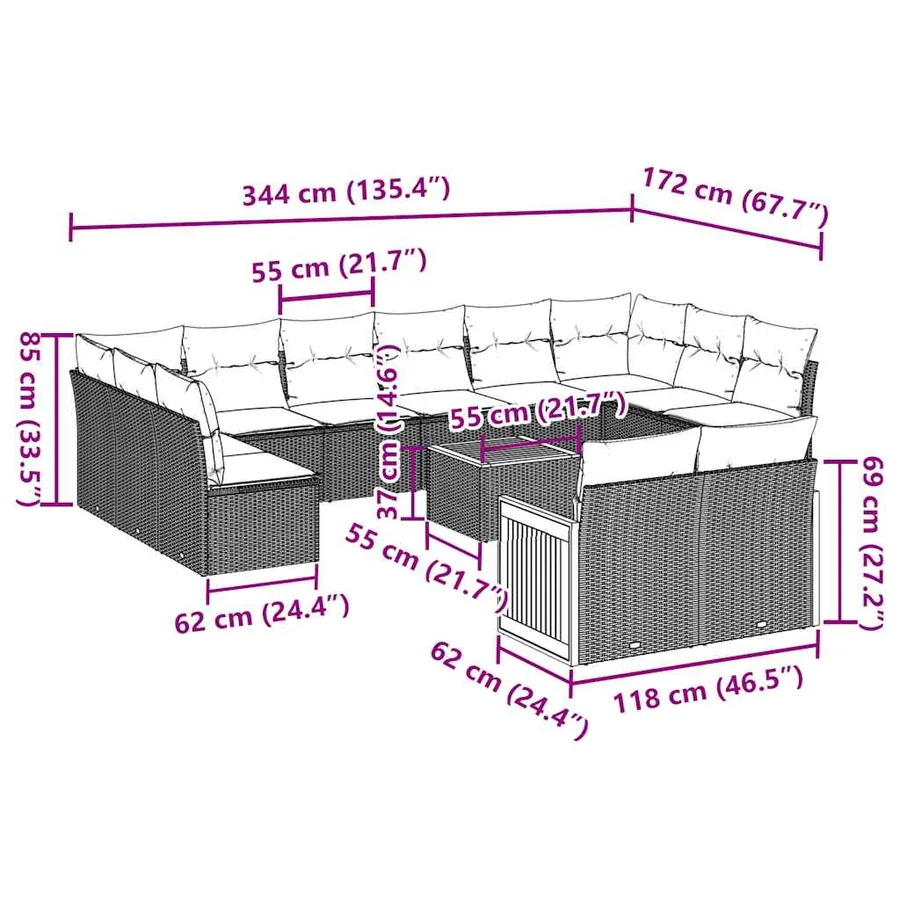 Salon de jardin avec coussins 13 pcs noir résine tressée - 3