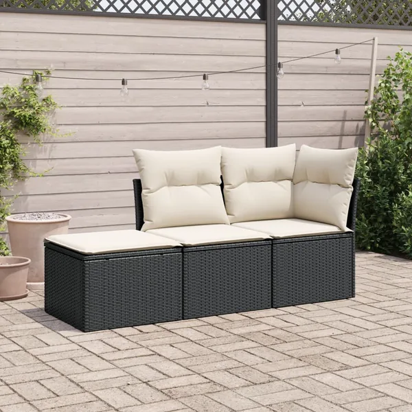 Salon de jardin 3 pcs avec coussins noir résine tressée