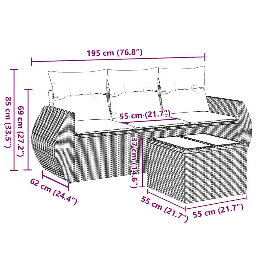Salon de jardin 4 pcs avec coussins noir résine tressée - 3