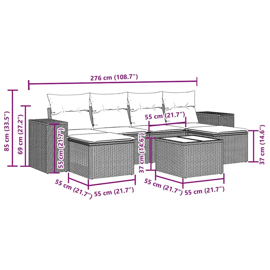 Salon de jardin 7 pcs avec coussins noir résine tressée 55 x 62 x 69 cm - 59,4 kg - 3