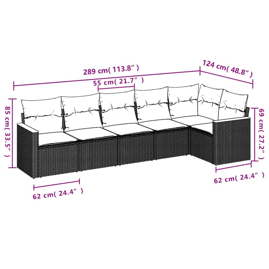 Salon de jardin 6 pcs avec coussins noir résine tressée - 3