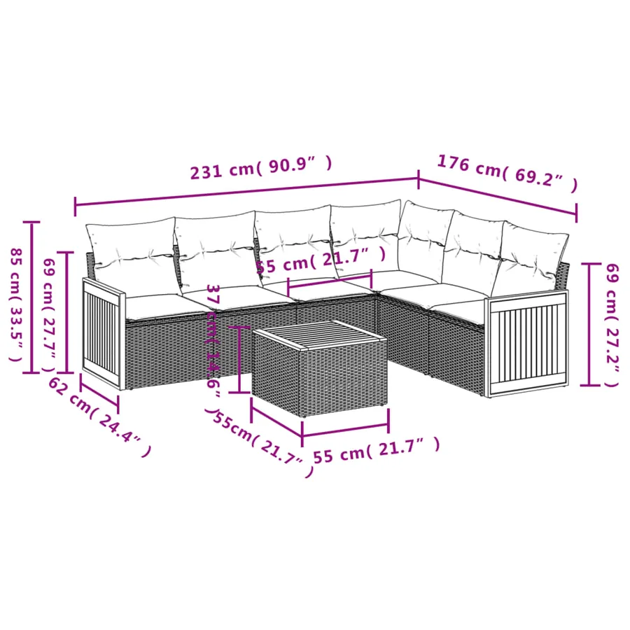 Salon de jardin 7 pcs avec coussins noir résine tressée 62 x 62 x 69 cm - 61,4 kg - 3