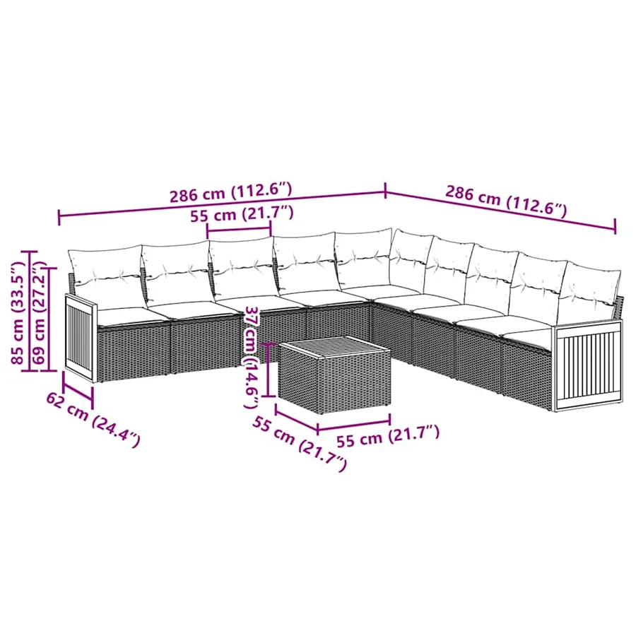 Salon de jardin 10 pcs avec coussins noir résine tressée - 3