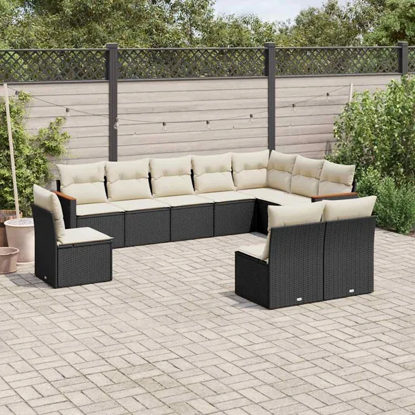 Salon de jardin 10 pcs avec coussins noir résine tressée