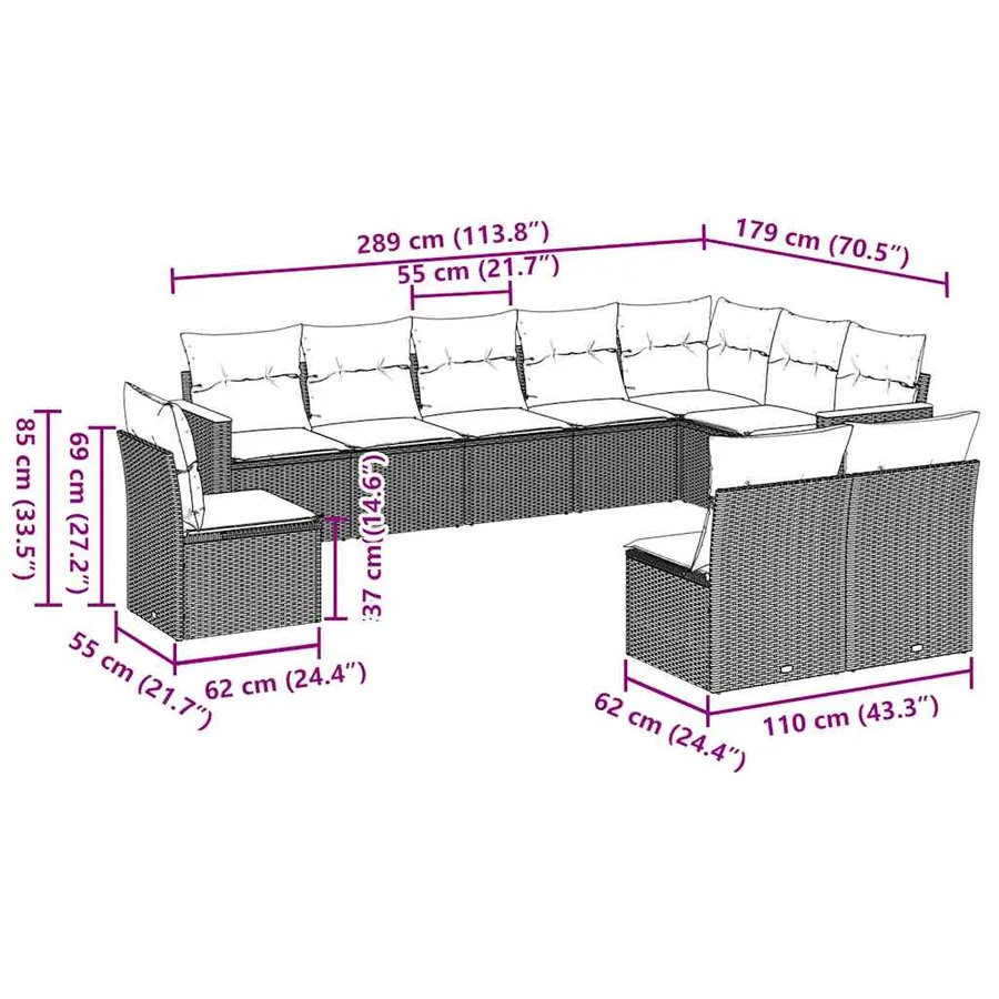 Salon de jardin 10 pcs avec coussins noir résine tressée - 3