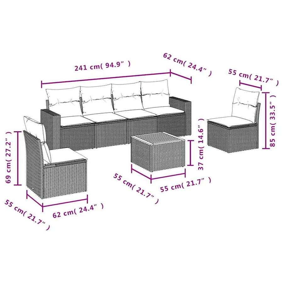 Salon de jardin 7 pcs avec coussins noir résine tressée 55 x 62 x 69 cm - 57,4 kg - 10