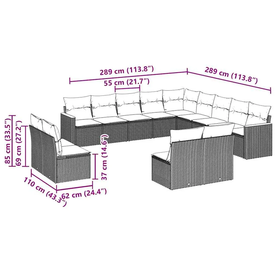 Salon de jardin avec coussins 13 pcs noir résine tressée - 3