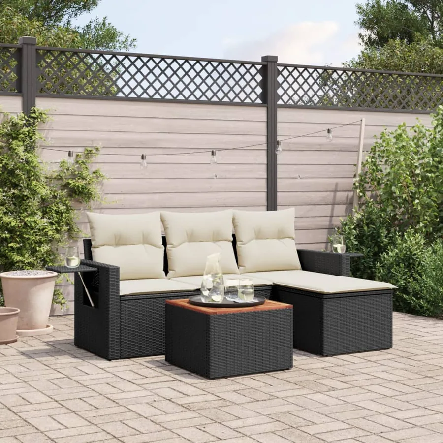 Salon de jardin 5 pcs avec coussins noir résine tressée