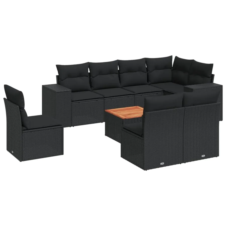 Salon de jardin 9 pcs avec coussins noir résine tressée - 2