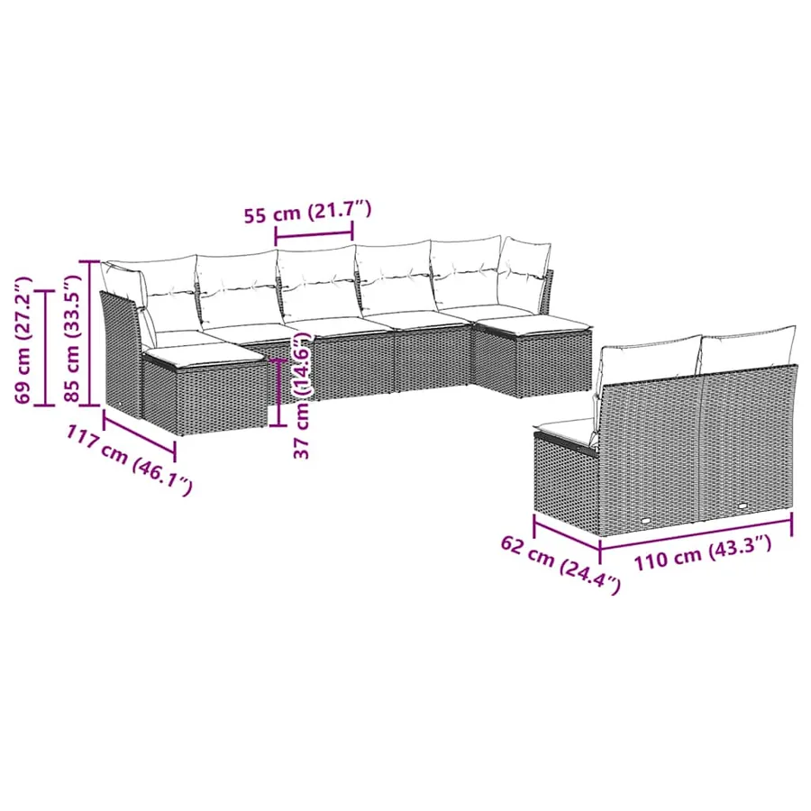 Salon de jardin avec coussins 9 pcs marron résine tressée - 7