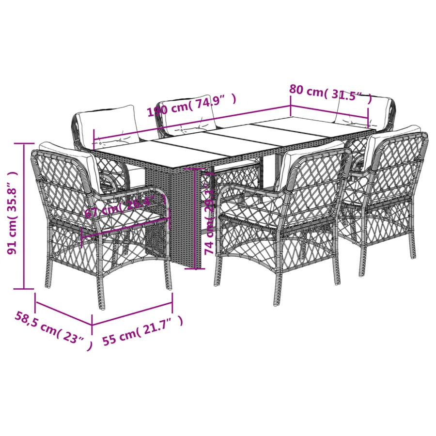 Ensemble à manger de jardin et coussins 7 pcs gris clair rotin - 7