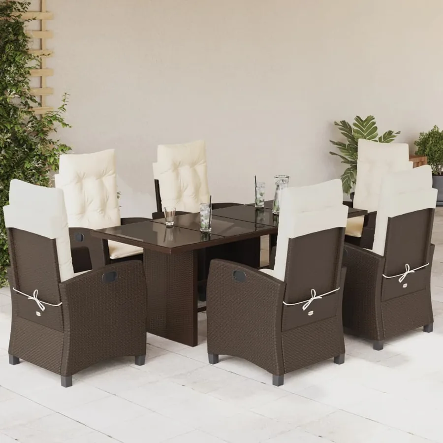 Ensemble à manger de jardin et coussins 7 pcs marron rotin