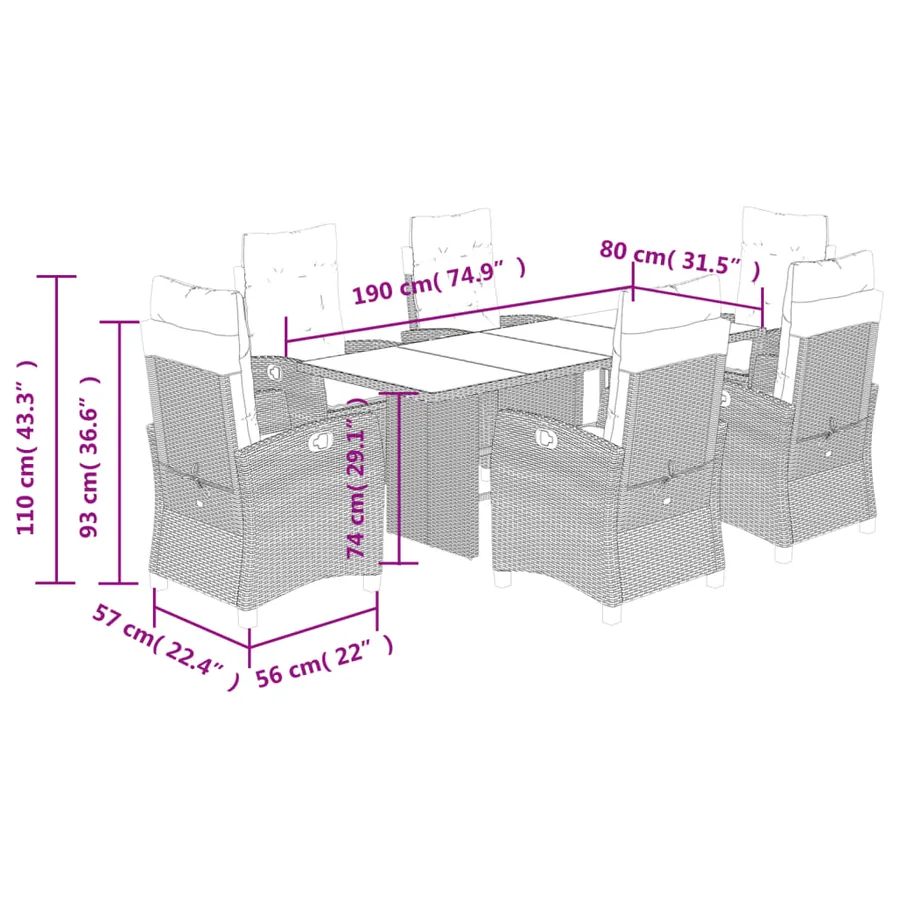Ensemble à manger de jardin et coussins 7 pcs marron rotin - 9