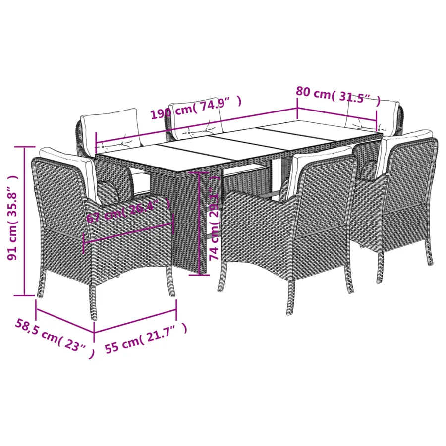 Ensemble à manger de jardin et coussins 7 pcs gris clair rotin - 7