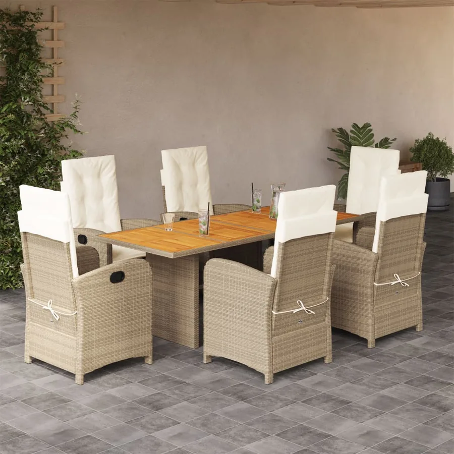 Ensemble à manger de jardin coussins 7 pcs mélange beige rotin