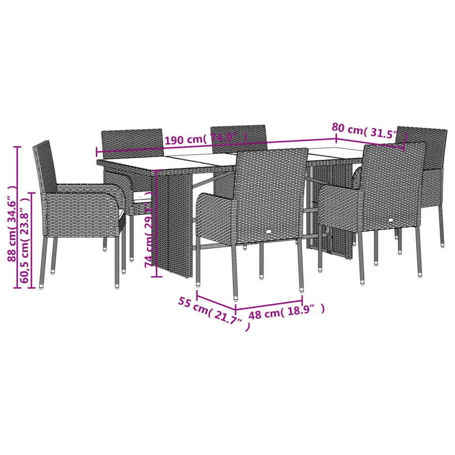 Ensemble à manger de jardin coussins 7pcs Noir Résine tressée - 7
