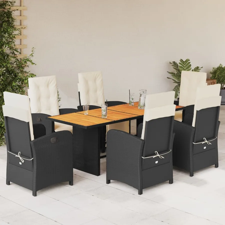 Ensemble à manger de jardin coussins 7pcs Noir Résine tressée