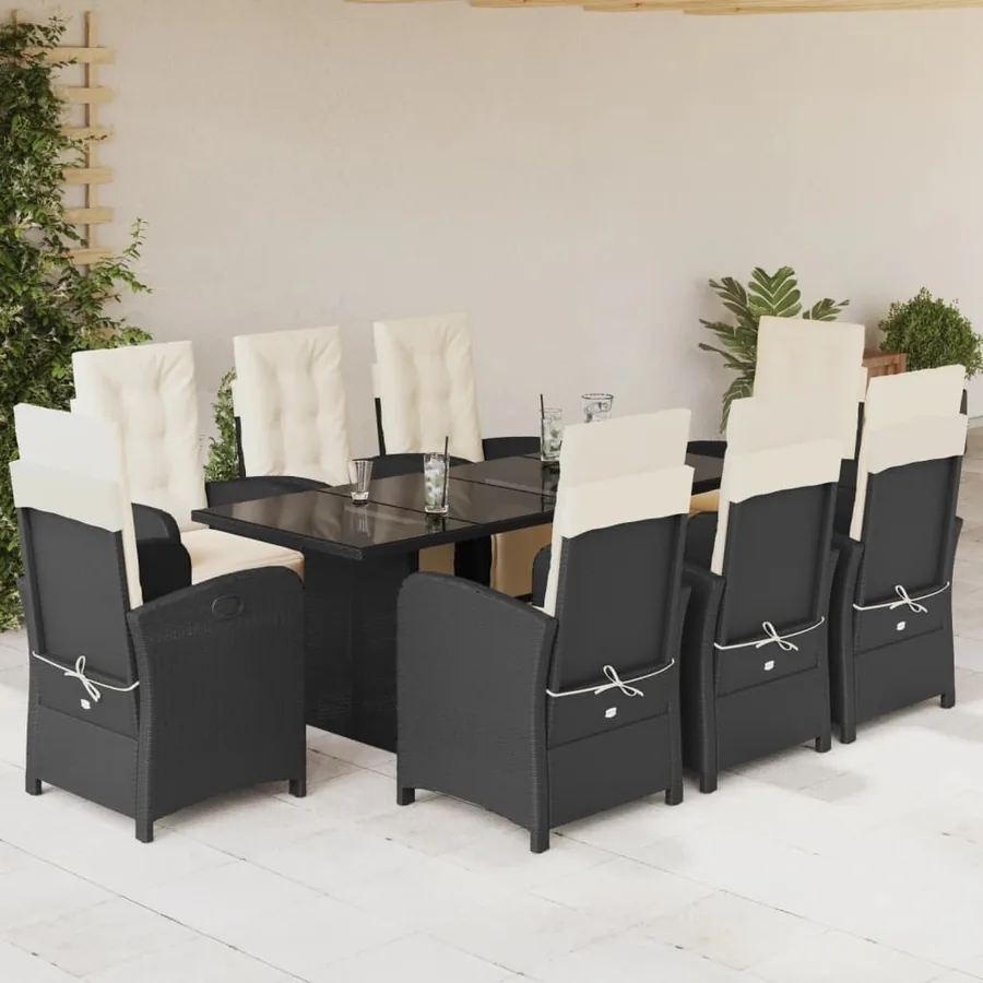 Ensemble à manger de jardin 9pcs coussins noir résine tressée