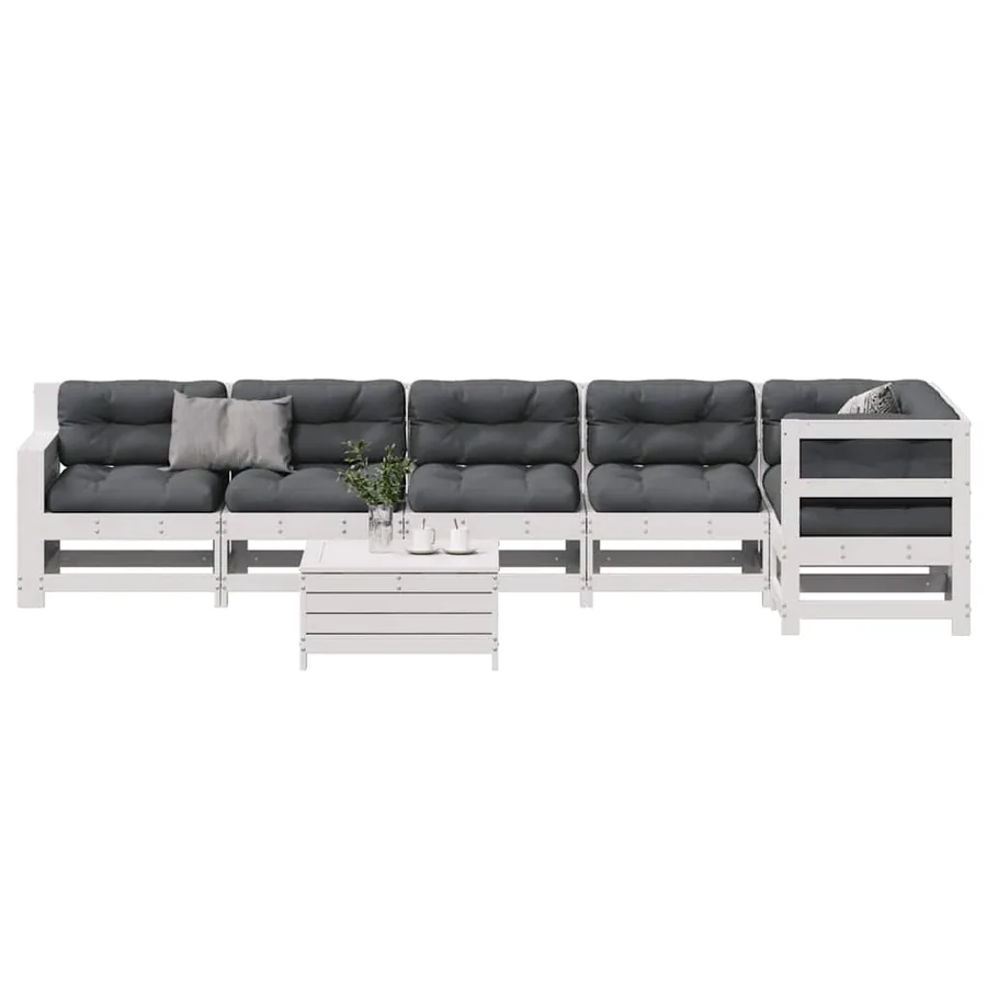Salon de jardin 7 pcs avec coussins blanc bois de pin massif