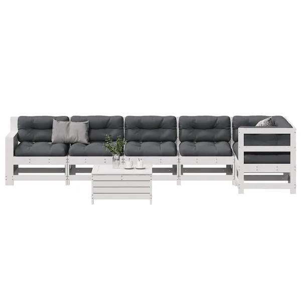 Salon de jardin 7 pcs avec coussins blanc bois de pin massif