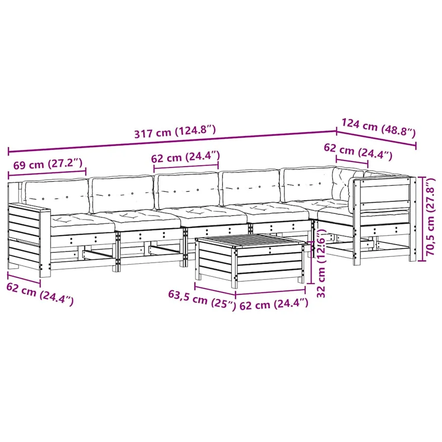 Salon de jardin 7 pcs avec coussins blanc bois de pin massif - 12