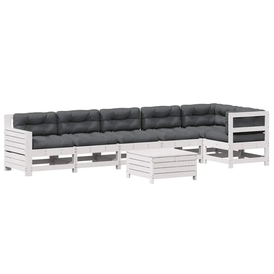 Salon de jardin 7 pcs avec coussins blanc bois de pin massif - 2