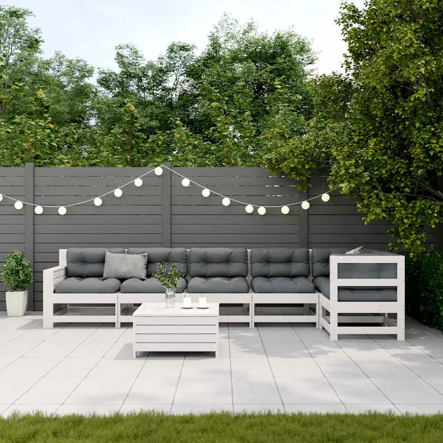 Salon de jardin 7 pcs avec coussins blanc bois de pin massif - 3