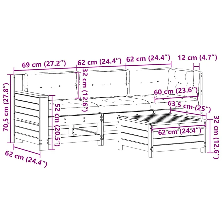 Salon de jardin 4 pcs avec coussins blanc bois de pin massif - 12