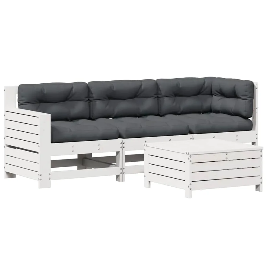 Salon de jardin 4 pcs avec coussins blanc bois de pin massif - 2