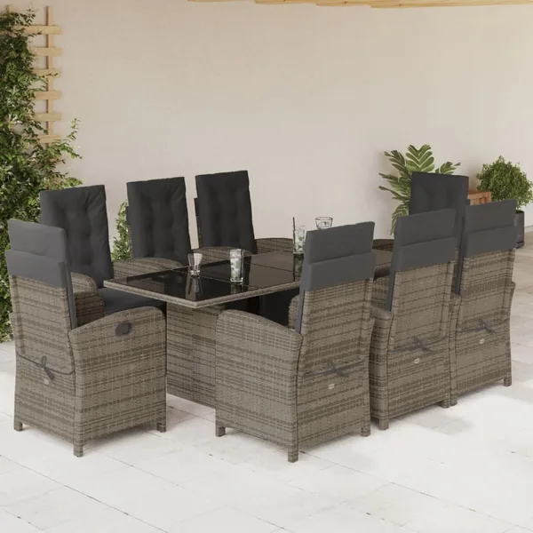Ensemble à manger de jardin 9 pcs coussins gris résine tressée