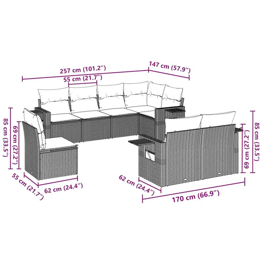 Salon de jardin 8 pcs avec coussins marron résine tressée - 8