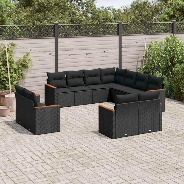 Salon de jardin 11 pcs avec coussins noir résine tressée
