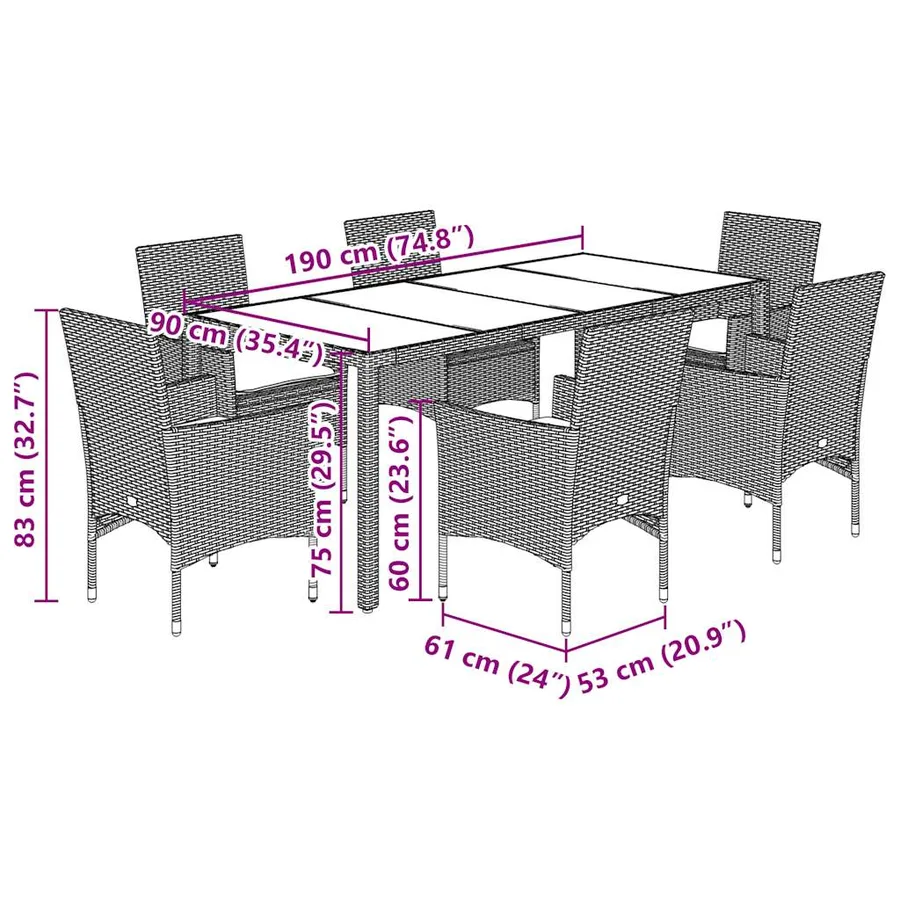Ensemble à manger de jardin avec coussins 7 pcs rotin et verre - 7