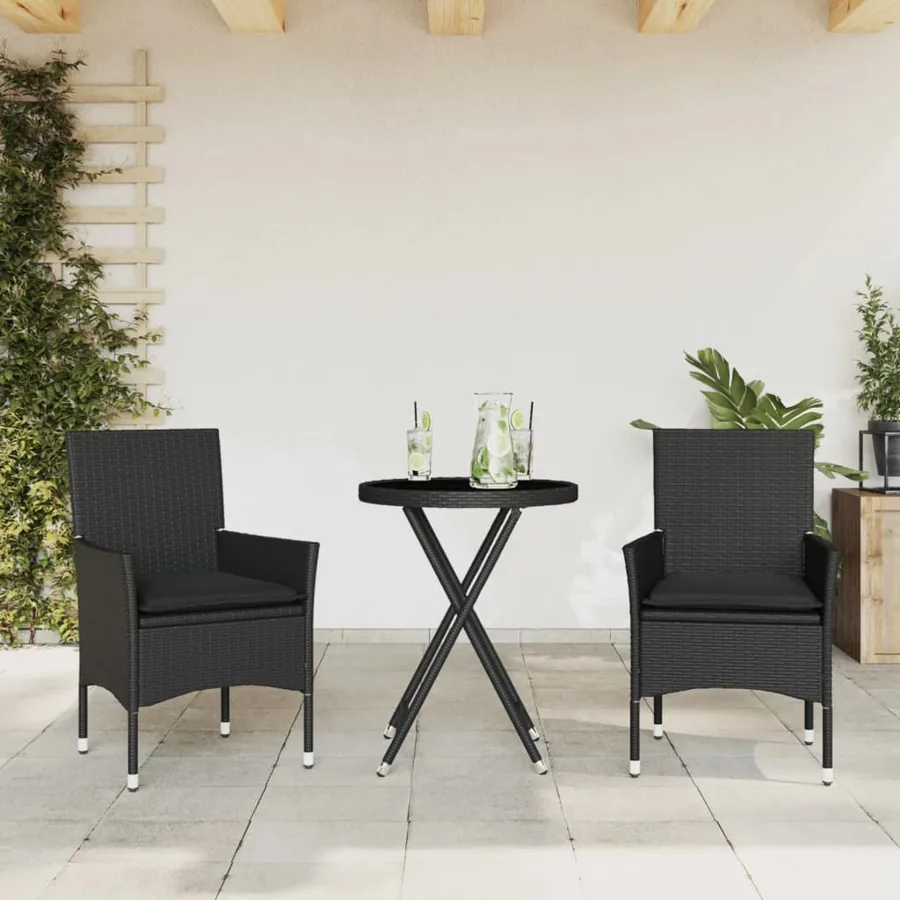 Ensemble de bistro avec coussins 3pcs noir résine tressée verre