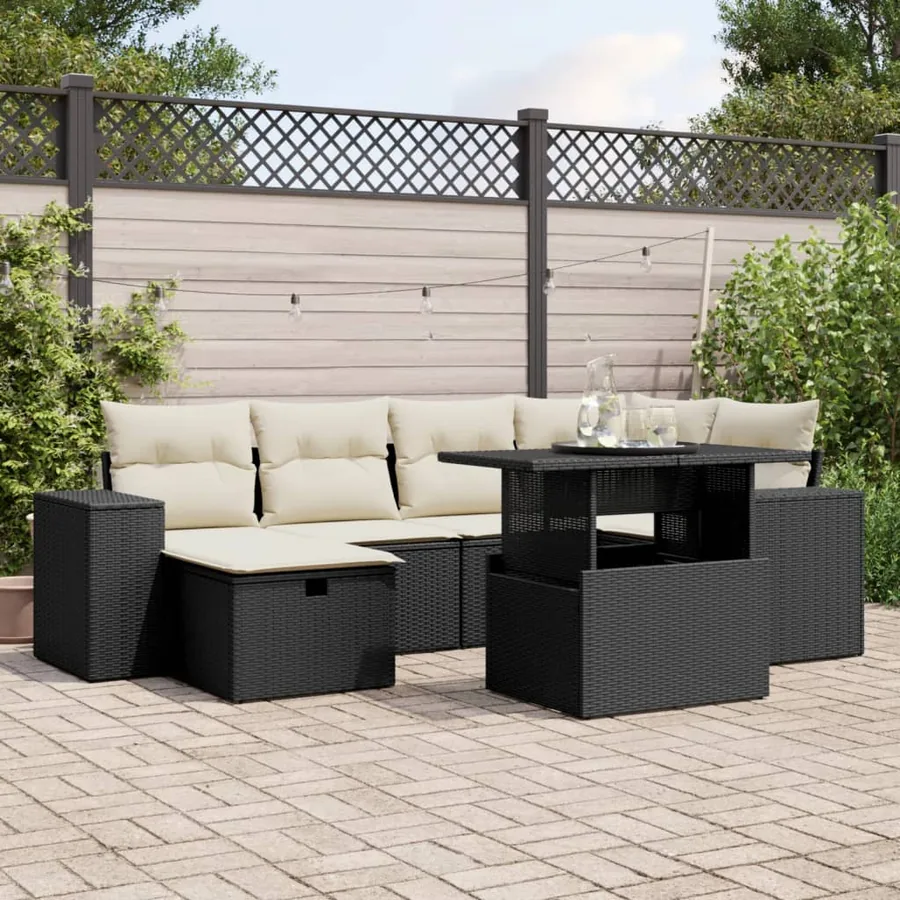 Salon de jardin 7 pcs avec coussins noir résine tressée 62 x 62 x 69 cm - 66,9 kg