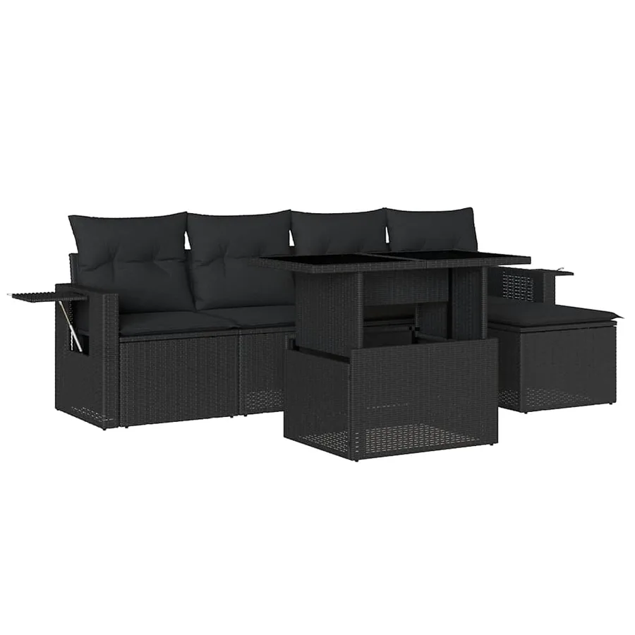 Salon de jardin 6 pcs avec coussins noir résine tressée - 2
