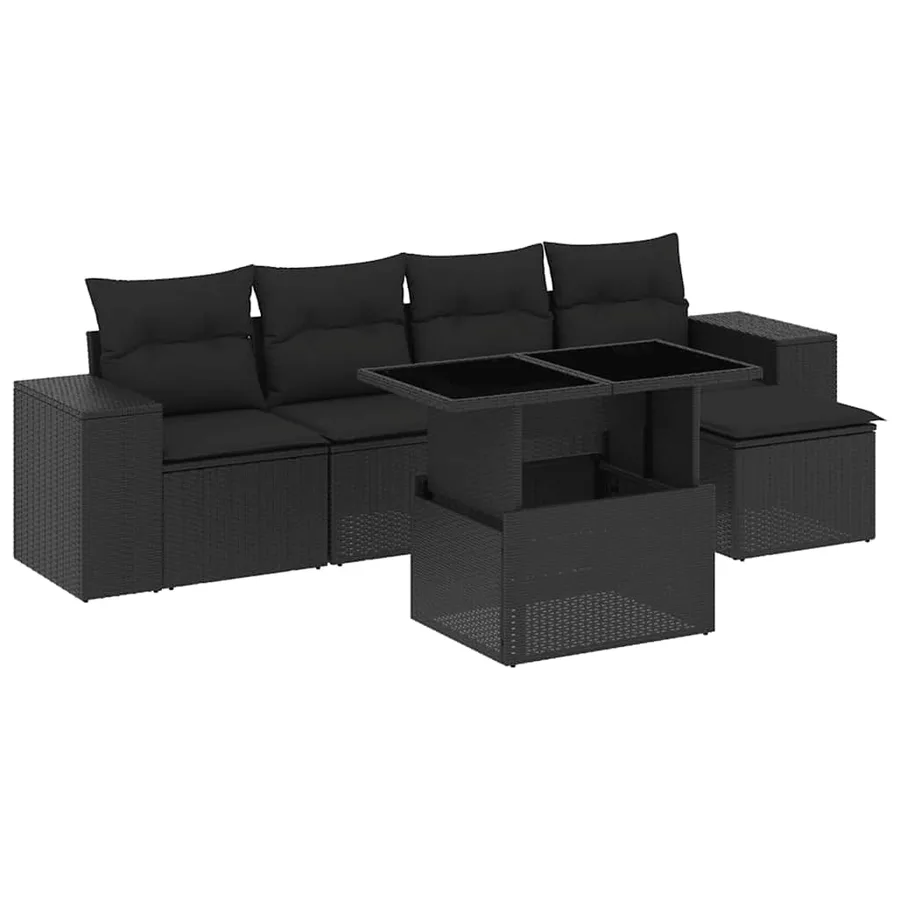 Salon de jardin 6 pcs avec coussins noir résine tressée - 2