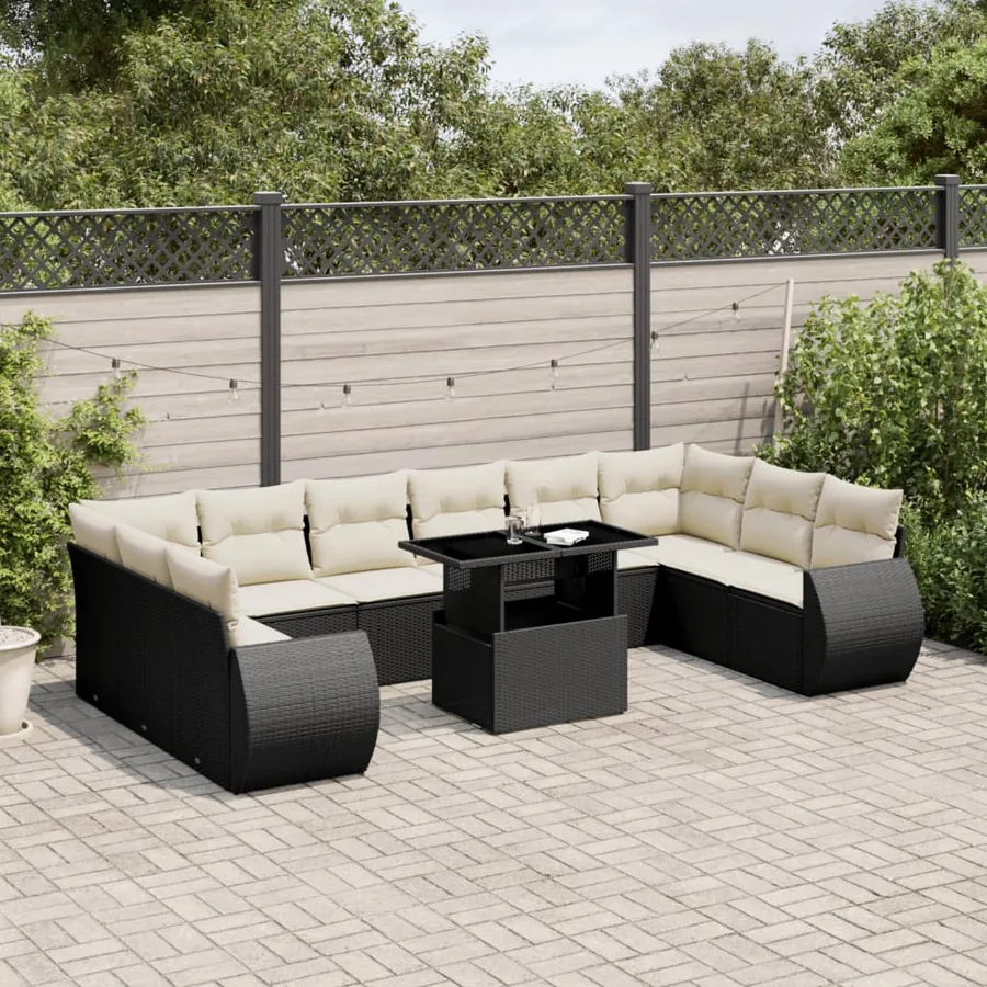 Salon de jardin 11 pcs avec coussins noir résine tressée