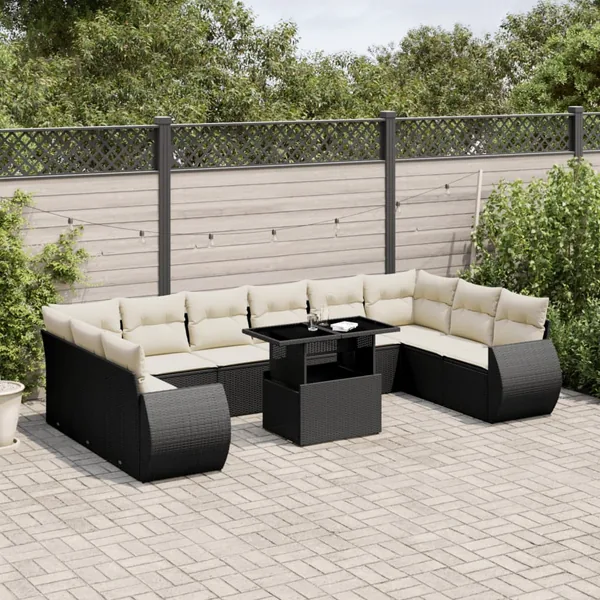 Salon de jardin 11 pcs avec coussins noir résine tressée