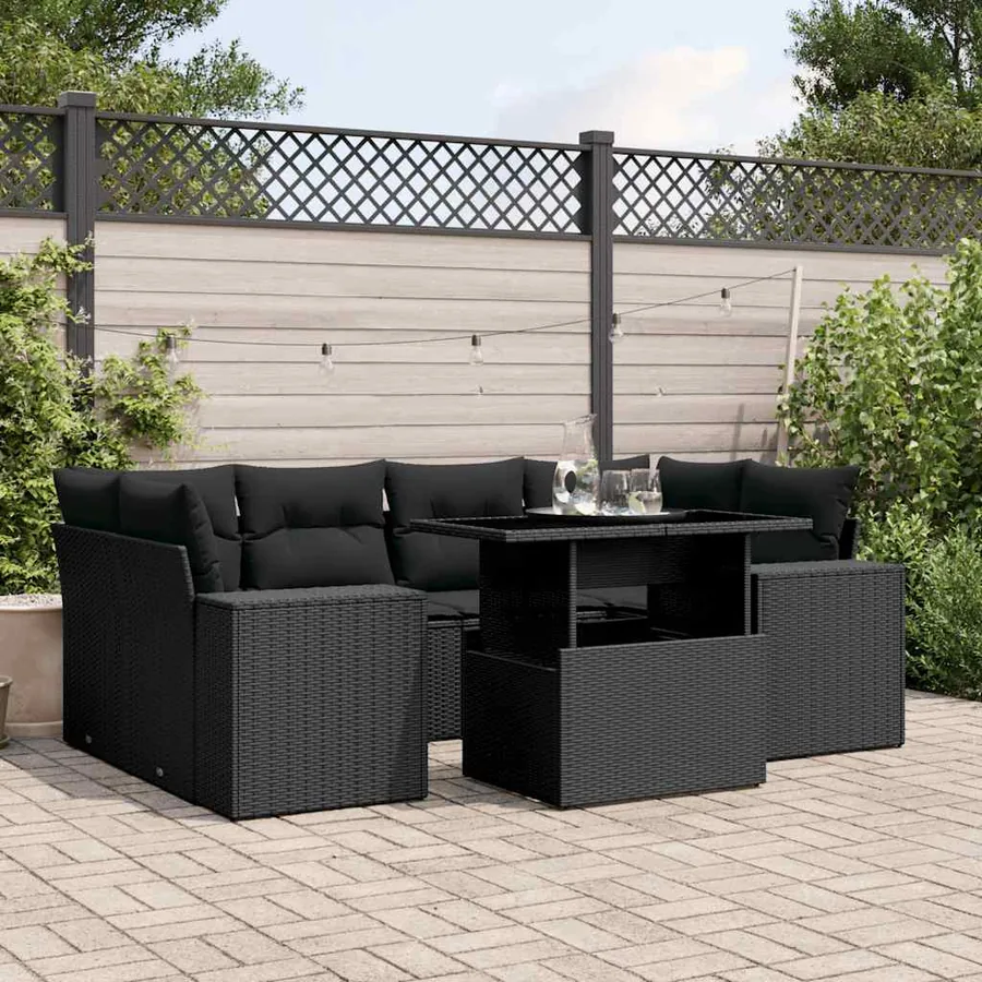 Salon de jardin 7 pcs avec coussins noir résine tressée 62 x 62 x 69 cm - 70,3 kg