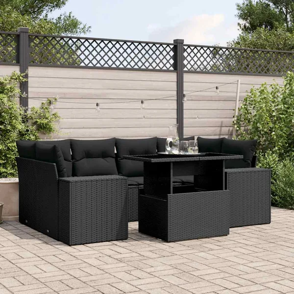 Salon de jardin 7 pcs avec coussins noir résine tressée 62 x 62 x 69 cm - 70,3 kg