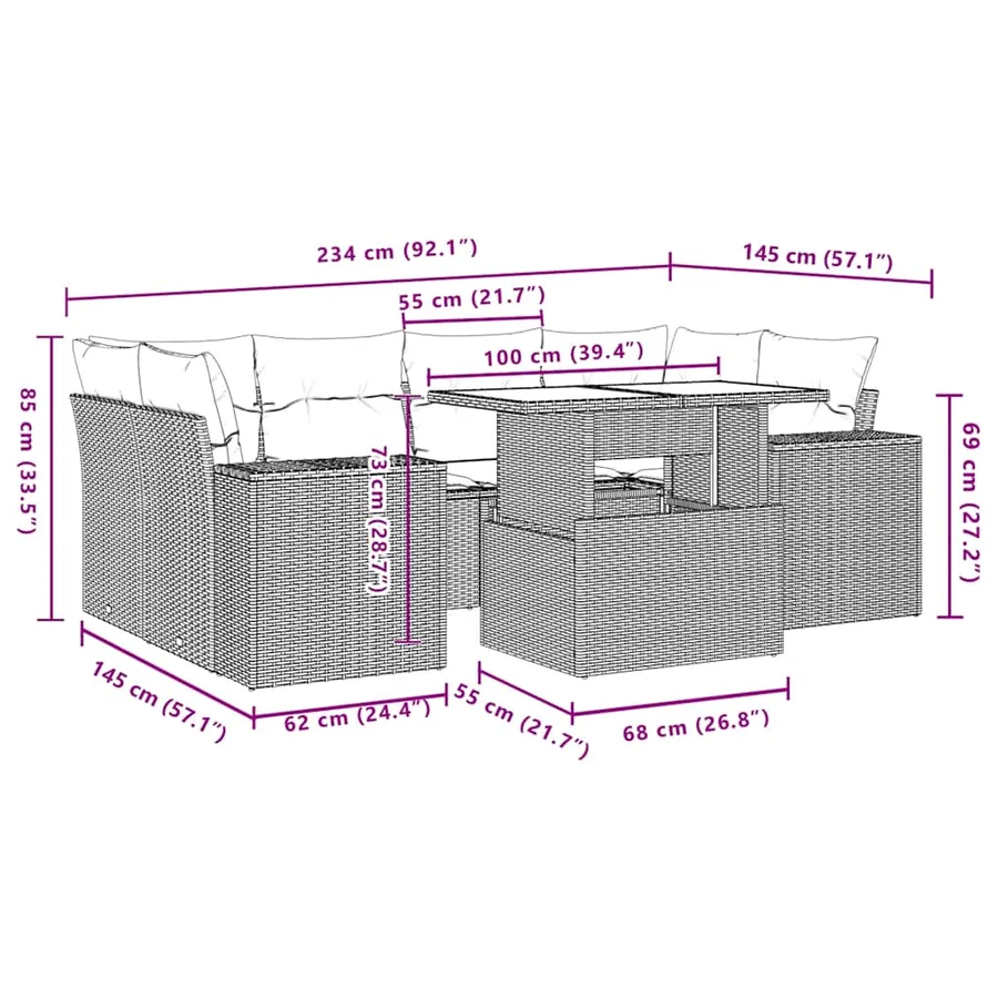 Salon de jardin 7 pcs avec coussins noir résine tressée 62 x 62 x 69 cm - 70,3 kg - 10