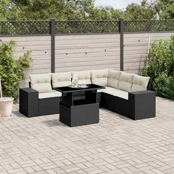 Salon de jardin 7 pcs avec coussins noir résine tressée 62 x 62 x 69 cm - 66,4 kg