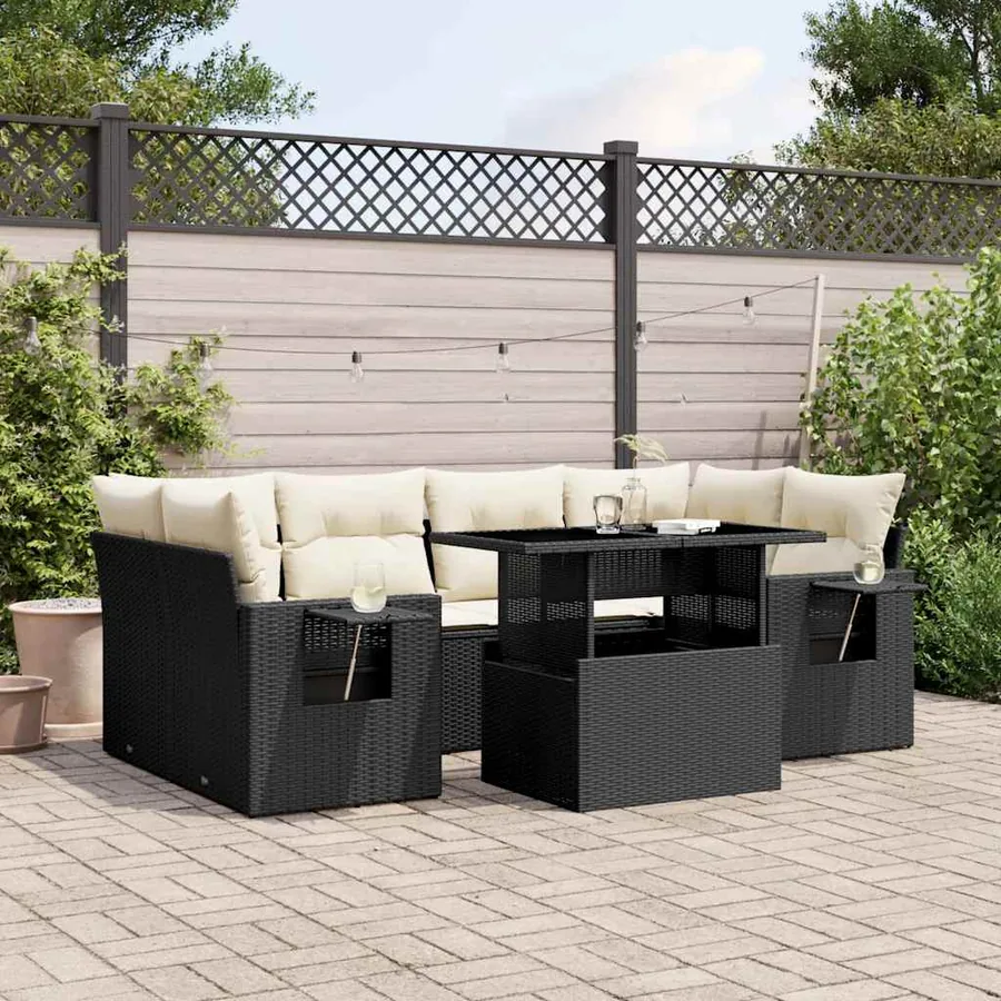 Salon de jardin 7 pcs avec coussins noir résine tressée 62 x 62 x 69 cm - 67,7 kg