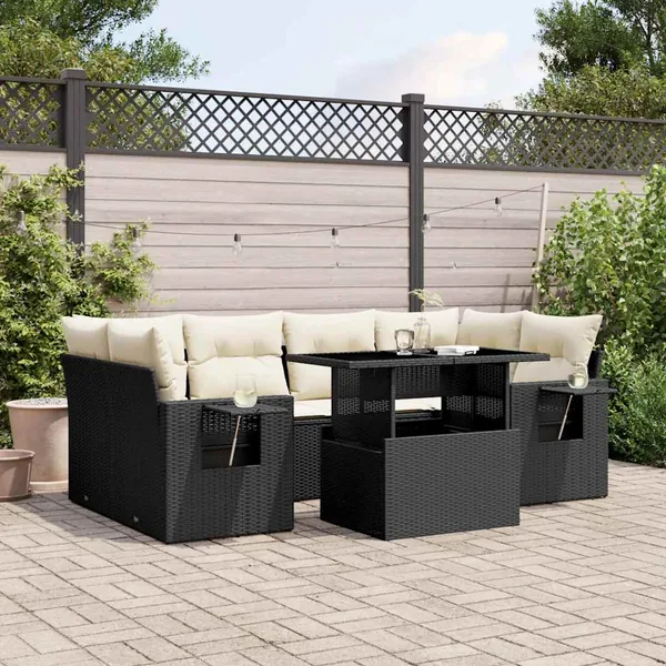 Salon de jardin 7 pcs avec coussins noir résine tressée 62 x 62 x 69 cm - 67,7 kg