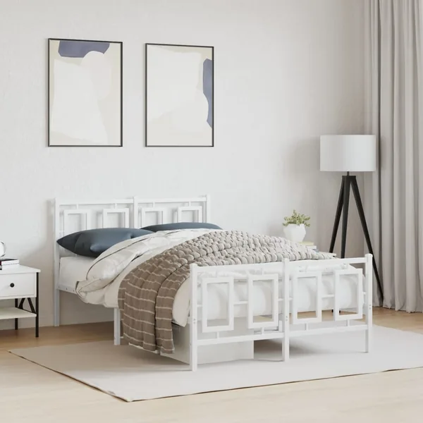 Cadre de lit métal sans matelas et pied de lit blanc 120x200 cm